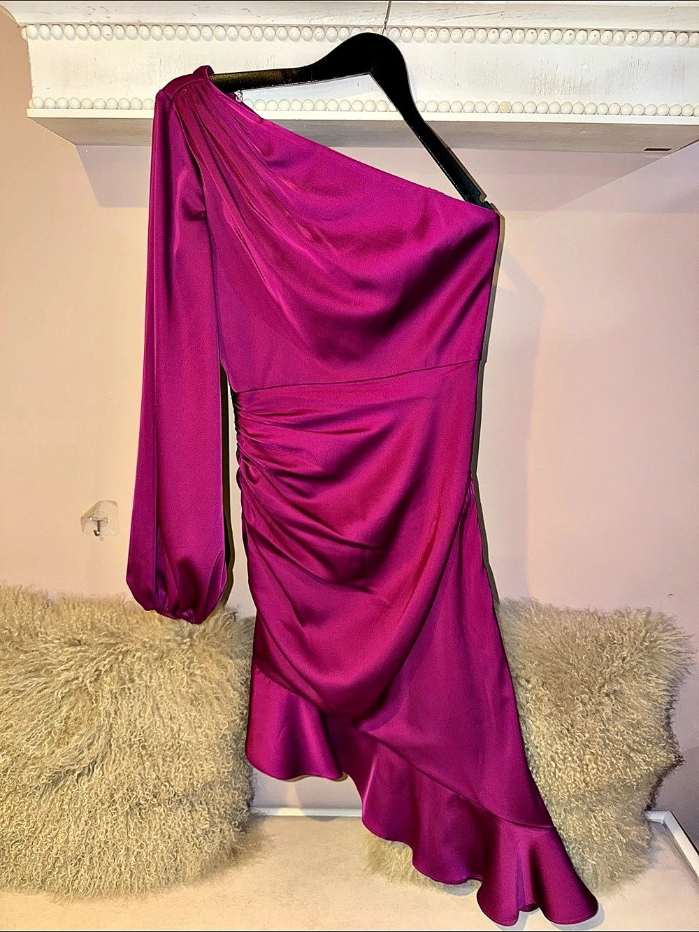 Long One Sleeve Asymmetrical Ruffle Hem Gown